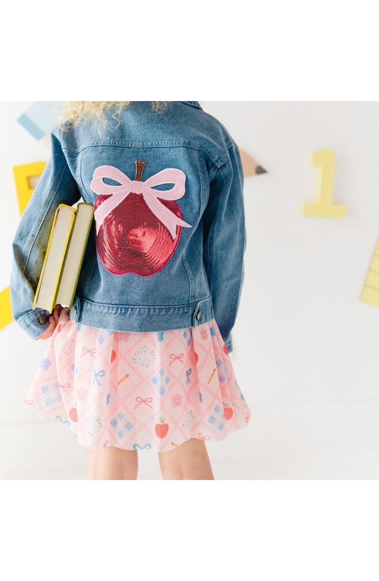 Sweet Wink Apple Bow Sequin Patch Denim Jacket, Alternate, color, Denim