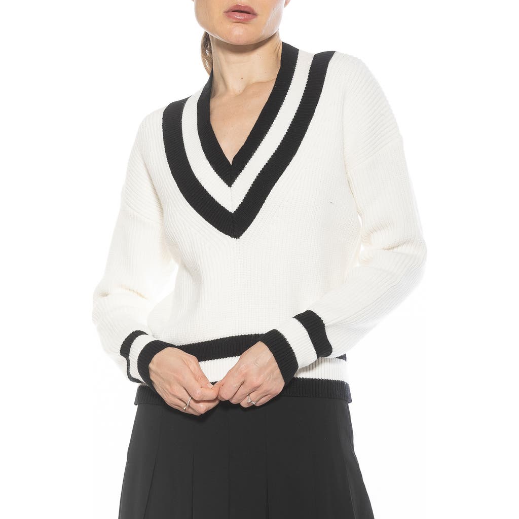 Alexia Admor Leona V-neck Varsity Polo Sweater In Ivory/black