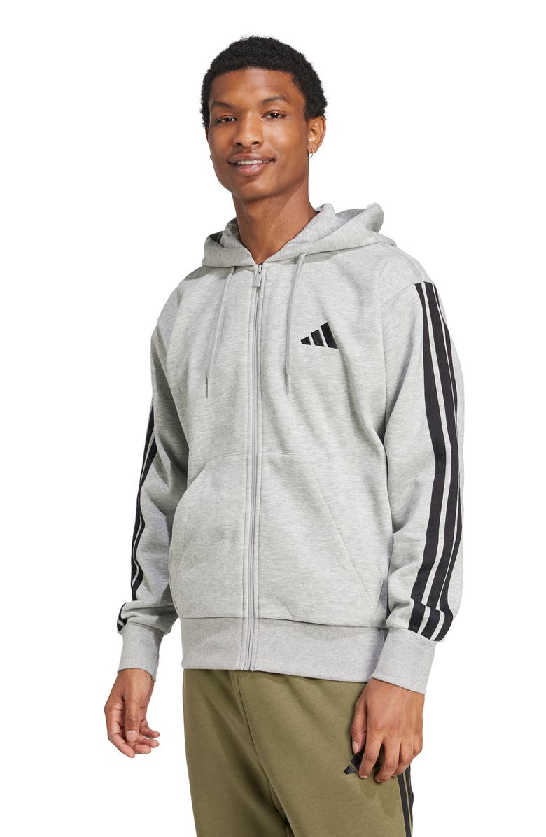 adidas Essential 3-Stripes Fleece Hoodie, Alternate, color, Grey Heather/ Black