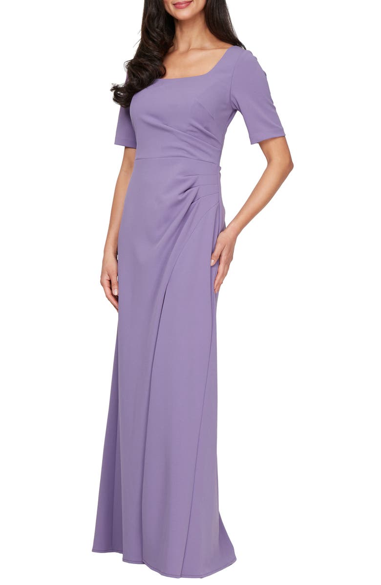 Alex Evenings Side Ruched Stretch Crepe Gown, Main, color, Icy Orchid