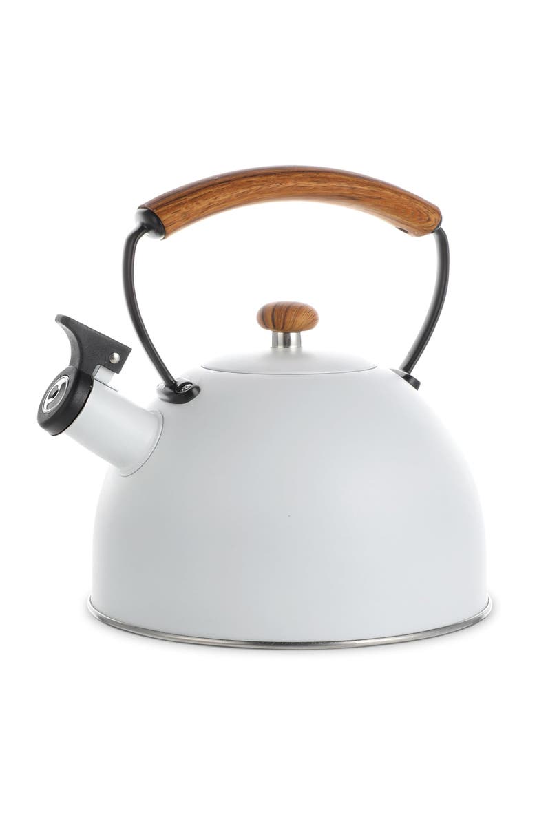 Megachef 3.2 Quart Whistling Tea Kettle with Wood Grain Nylon Cool Touch Handle, Matte White, Main, color, Matte White