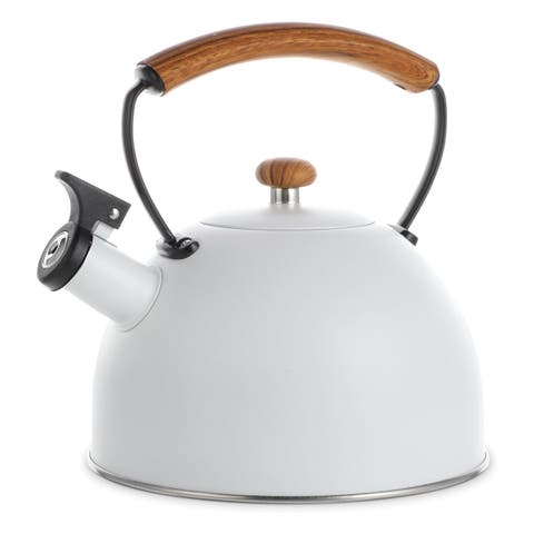 3.2 Quart Whistling Tea Kettle with Wood Grain Nylon Cool Touch Handle, Matte White