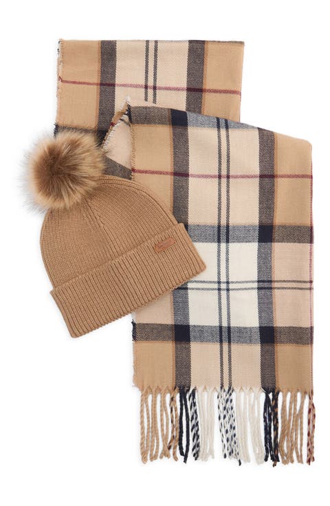 Dover Tartan Scarf & Faux Fur Pompom Beanie Set