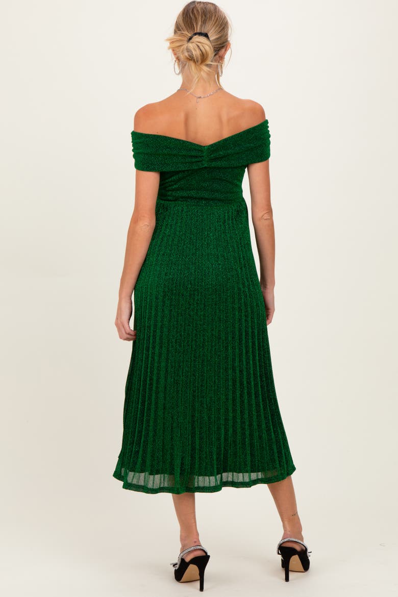 Shimmer Off Shoulder Pleated Midi Dress, Alternate, color, Forest Green
