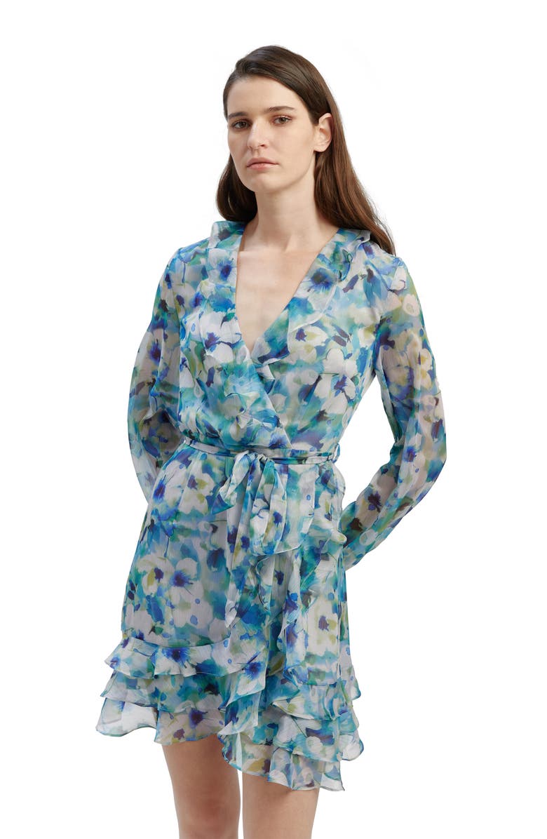 Bardot Ruffle Long Sleeve Faux Wrap Chiffon Minidress, Alternate, color, Blue Floral