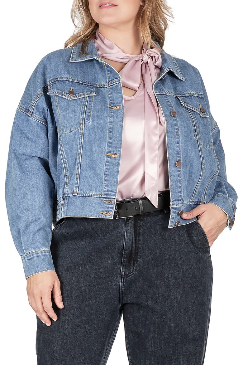 Smocked Hem Denim Jacket, Main, color, STONEWASH