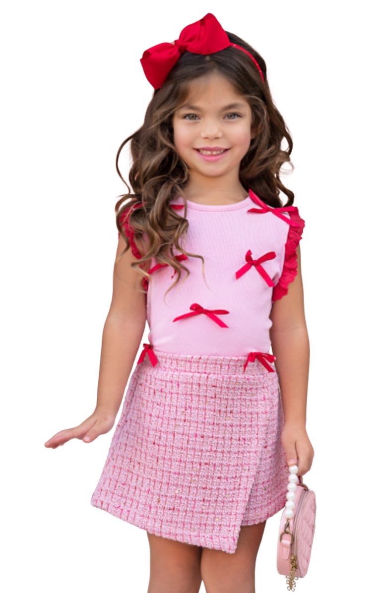 Mia Belle Girls Chic Bows Lace Tank Top and Tweed Skort Set, Main, color, Pink