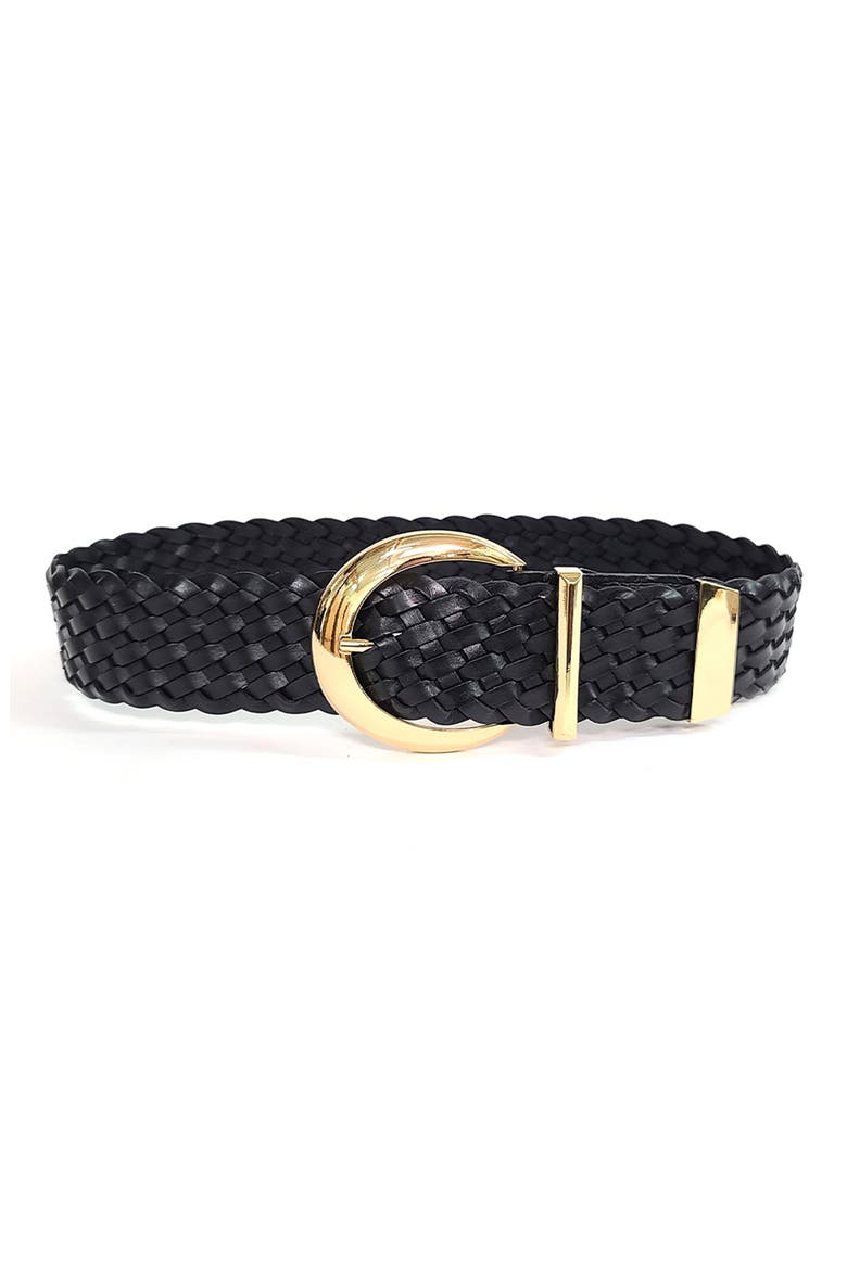 Acacia Woven Leather Belt, Main, color, BLACK/ GOLD