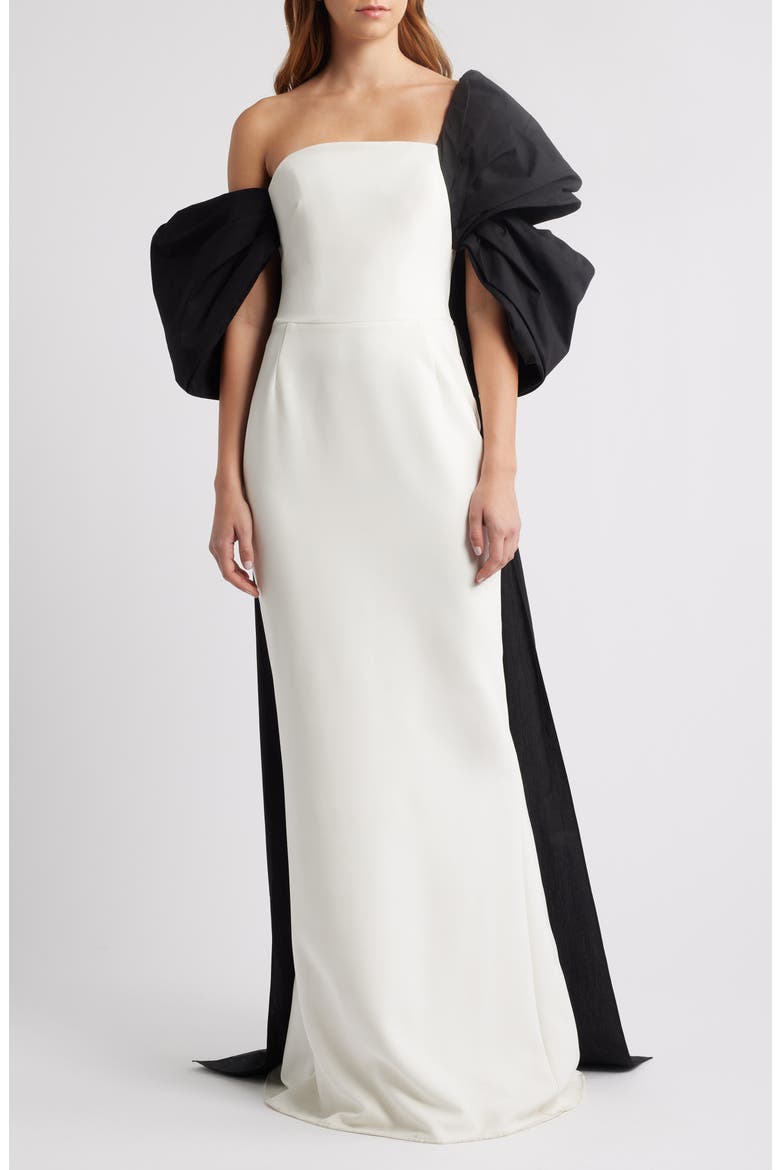 Cape Back Column Gown, Main, color, IVORY BLACK