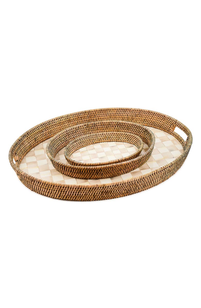 MACKENZIE CHILDS Large Mocha Check Enamel & Rattan Tray, Alternate, color, Mocha