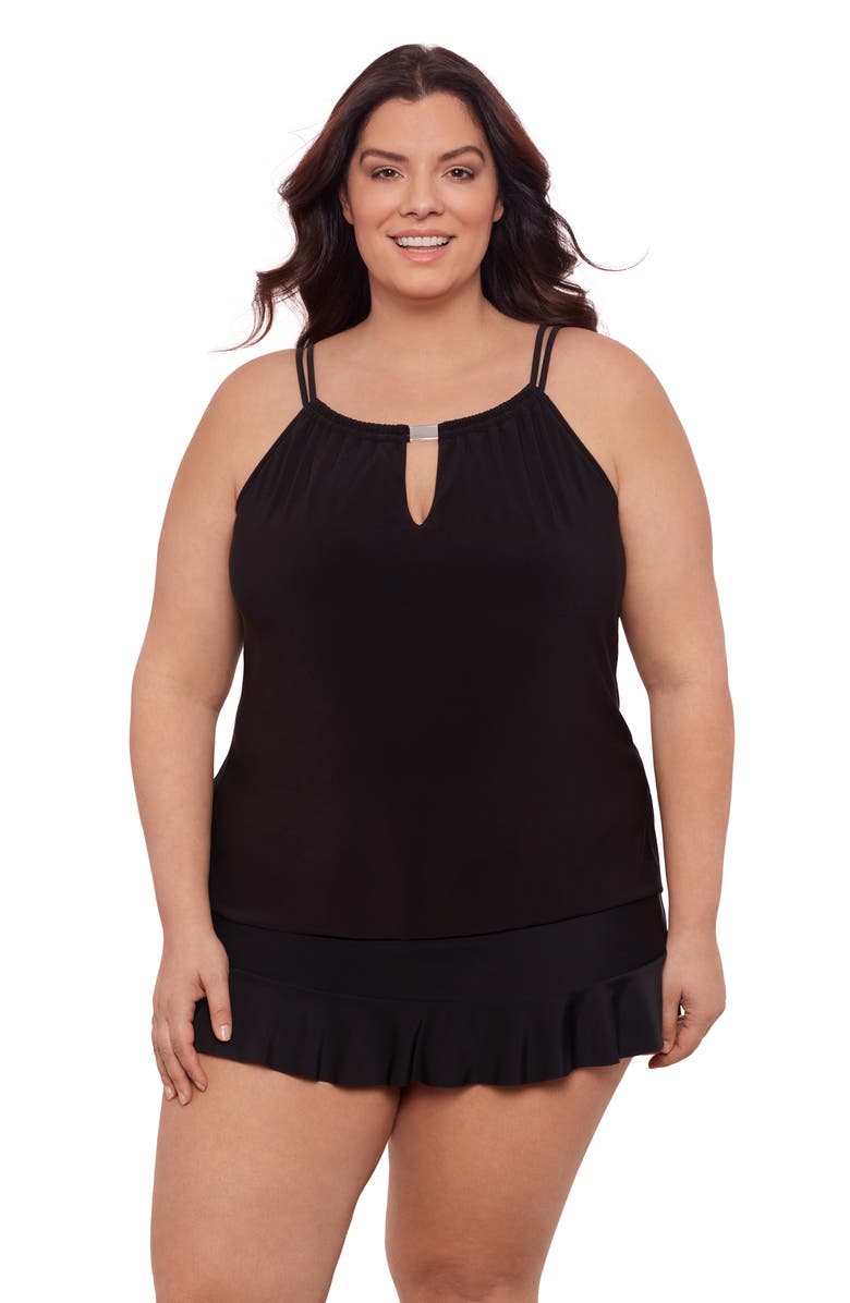 Aqua Green Plus Size Keyhole High Neck Full Coverage Adjustable Tankini Swimsuit Top, Main, color, Black
