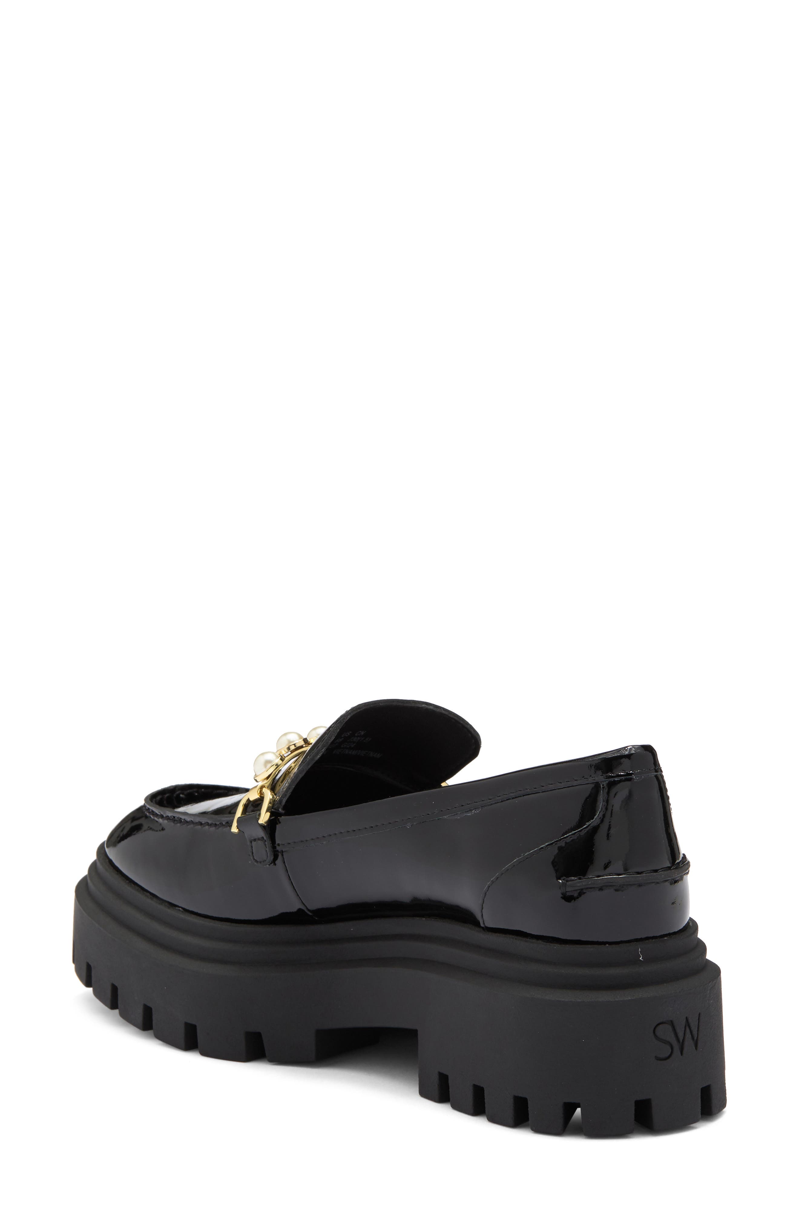 Stuart Weitzman Perla Imitation Pearl Lug Sole Loafer, Alternate, color, Black