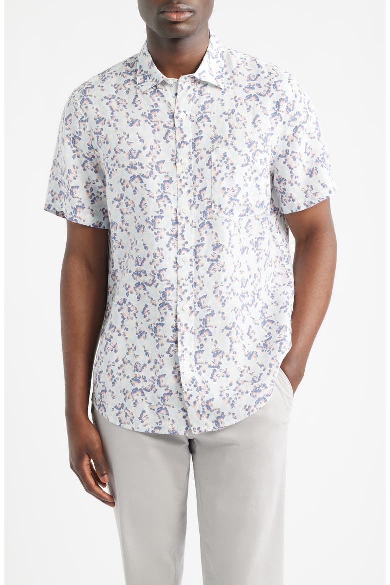 Fan Floral Printed Short Sleeve Linen Button-Up Shirt, Main, color, BLUE BIJOU FAN FLORAL