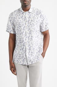 Nordstrom Fan Floral Printed Short Sleeve Linen Button-Up Shirt