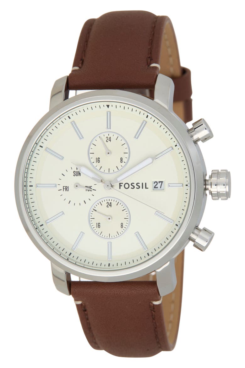 Rhett Multifunction Brown LiteHide™ Leather Watch, Main, color, SILVER