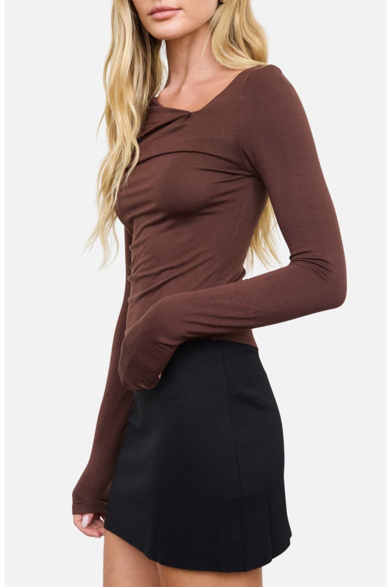 Asymmetrical Neck Ruched Long Sleeve Knit Top, Alternate, color, CHOCOLATE
