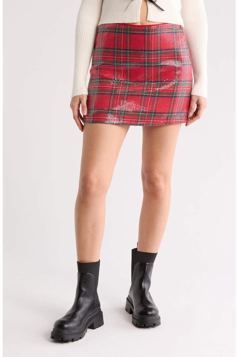 Sequin Plaid Miniskirt, Main, color, RED PLAID