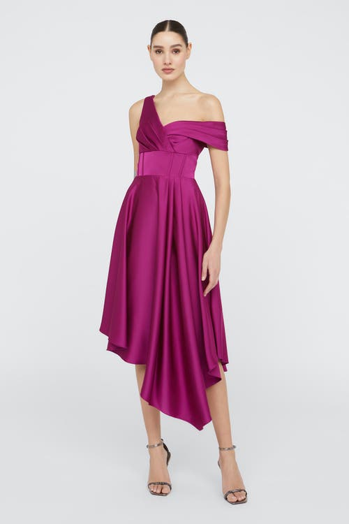 Theia Mirielle One-shoulder Satin Midi Dress In Pink