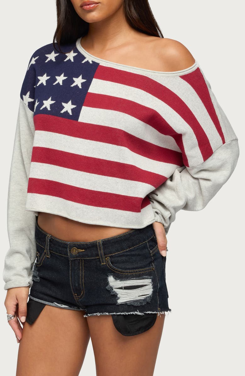 EDIKTED USA One-Shoulder Cotton Sweater, Alternate, color, Usa