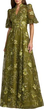 Mac Duggal Queen Anne Puff Sleeve A-Line Gown