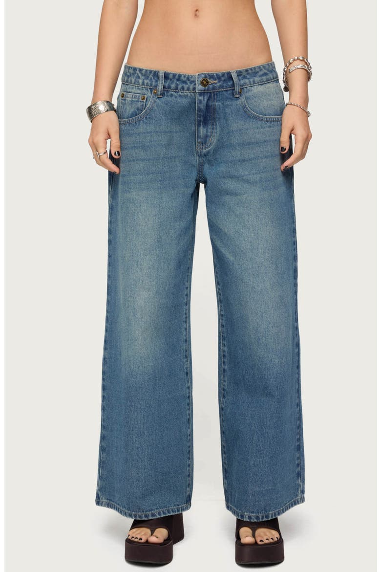 Vyxen Bow Print Low Rise Wide Leg Jeans, Main, color, BLUE-VINTAGE-WASHED