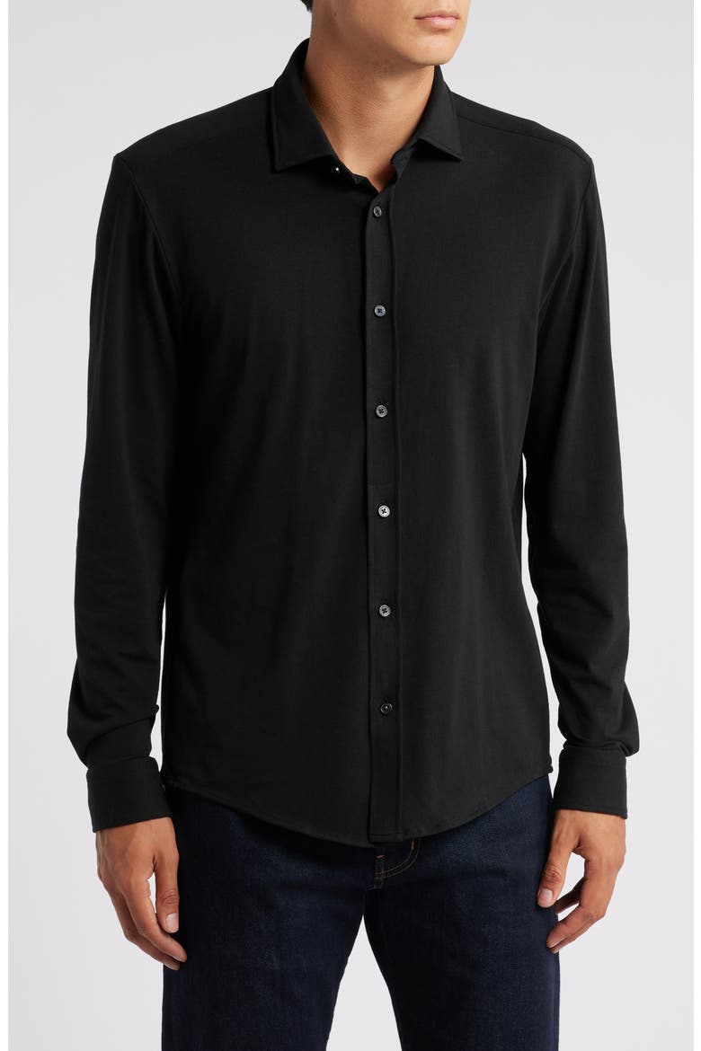Roan Solid Stretch Cotton Button-Up Shirt, Main, color, BLK