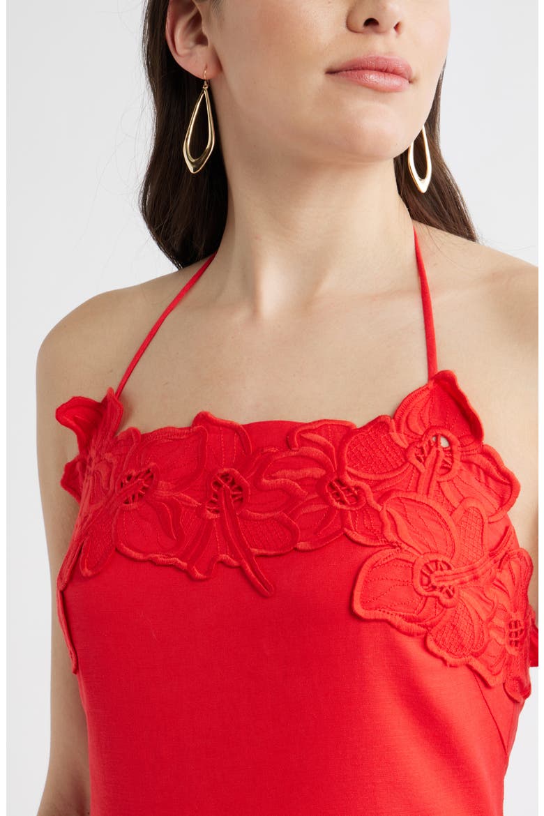 Appliqué Tiered Halter Midi Dress, Alternate, color, RED