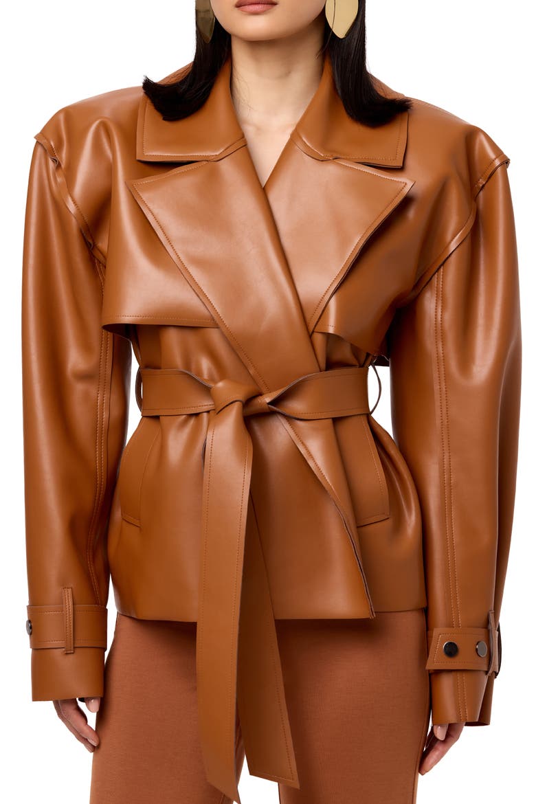 Faux Leather Crop Trench Coat, Main, color, CAMEL