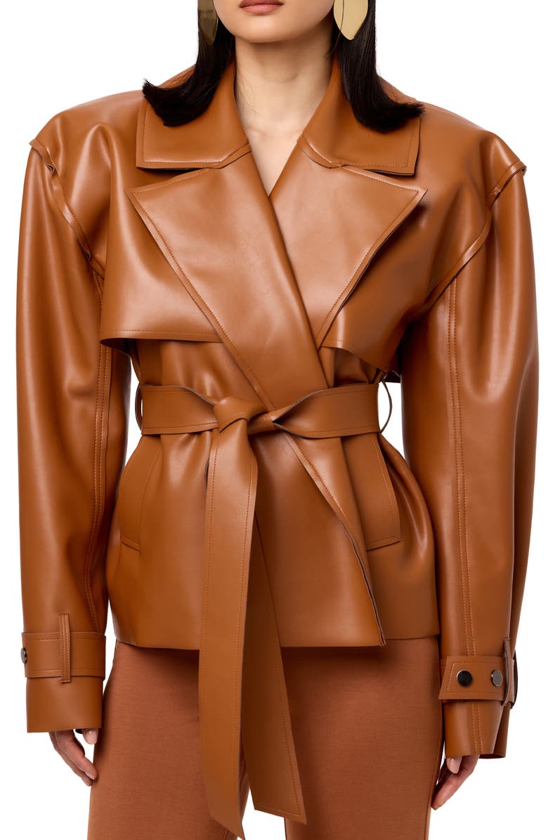 Naked Wardrobe Faux Leather Crop Trench Coat, Main, color, Camel