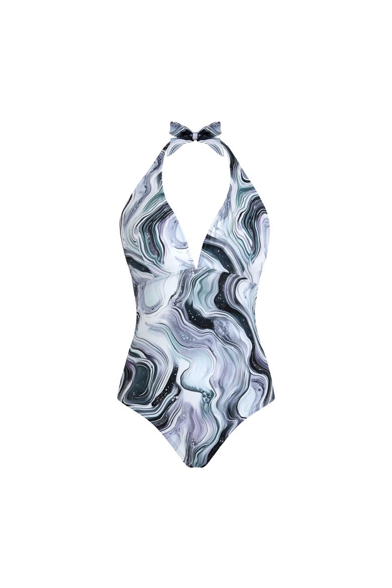 Women Halter One-piece Swimsuit Marble, Main, color, White