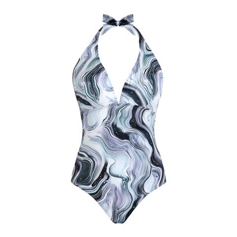 Women Halter One-piece Swimsuit Marble