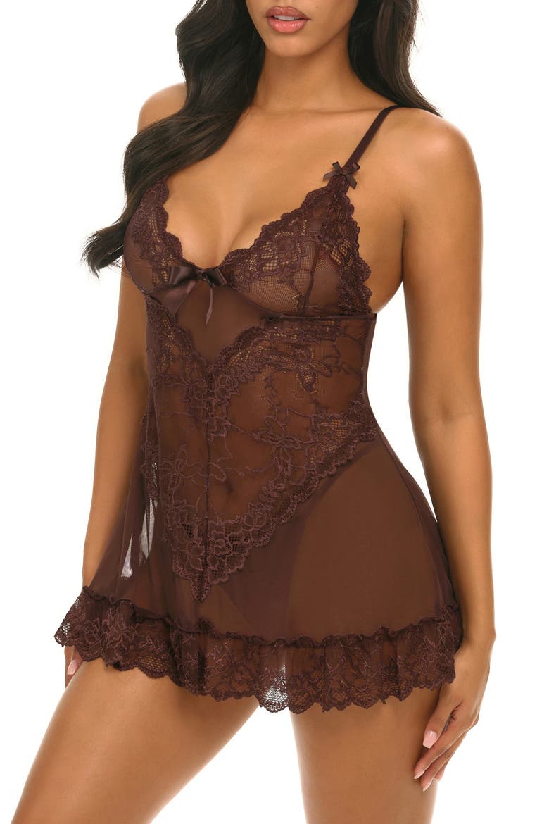 Valentine Soft Cup Babydoll Chemise & G-String Thong, Main, color, PUCE