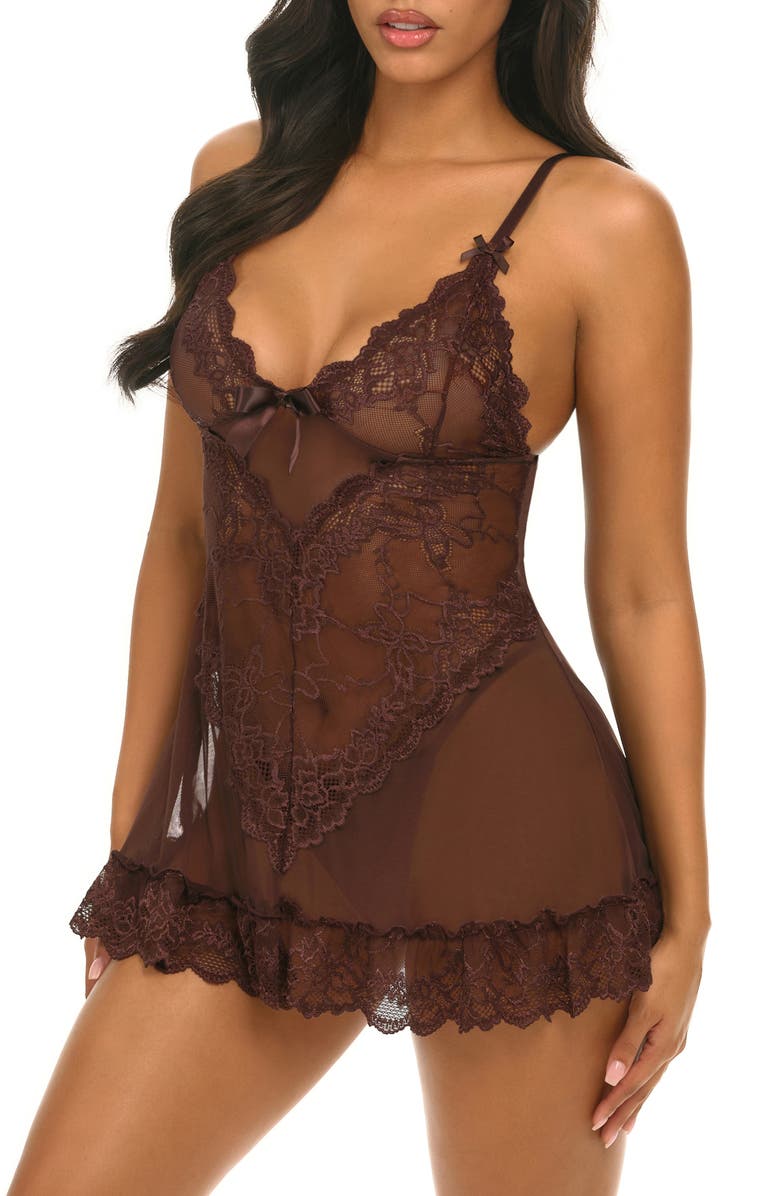 Oh La La Cheri Valentine Soft Cup Babydoll Chemise & G-String Thong, Main, color, Puce