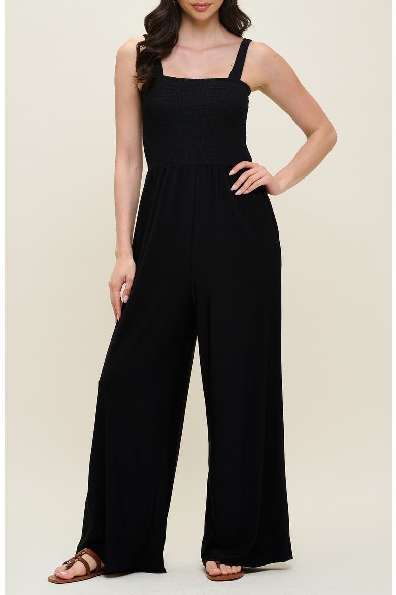 Smocked Knit Sleeveless Jumpsuit, Main, color, BLACK