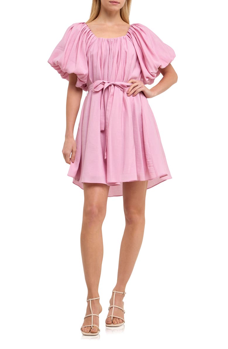 Endless Rose Pleated Puff Sleeve Cotton Blend Minidress, Main, color, Pink