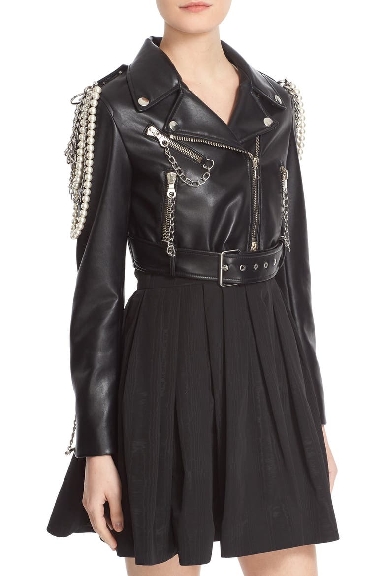 Chain & Imitation Pearl Embellished Faux Leather Jacket, Alternate, color, BLACK