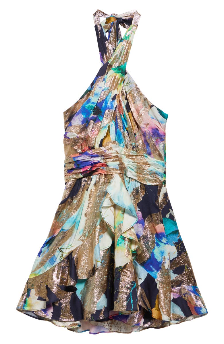 Ramy Brook Marble Reuben Ruffle Metallic Jacquard Halter Minidress, Alternate, color, 