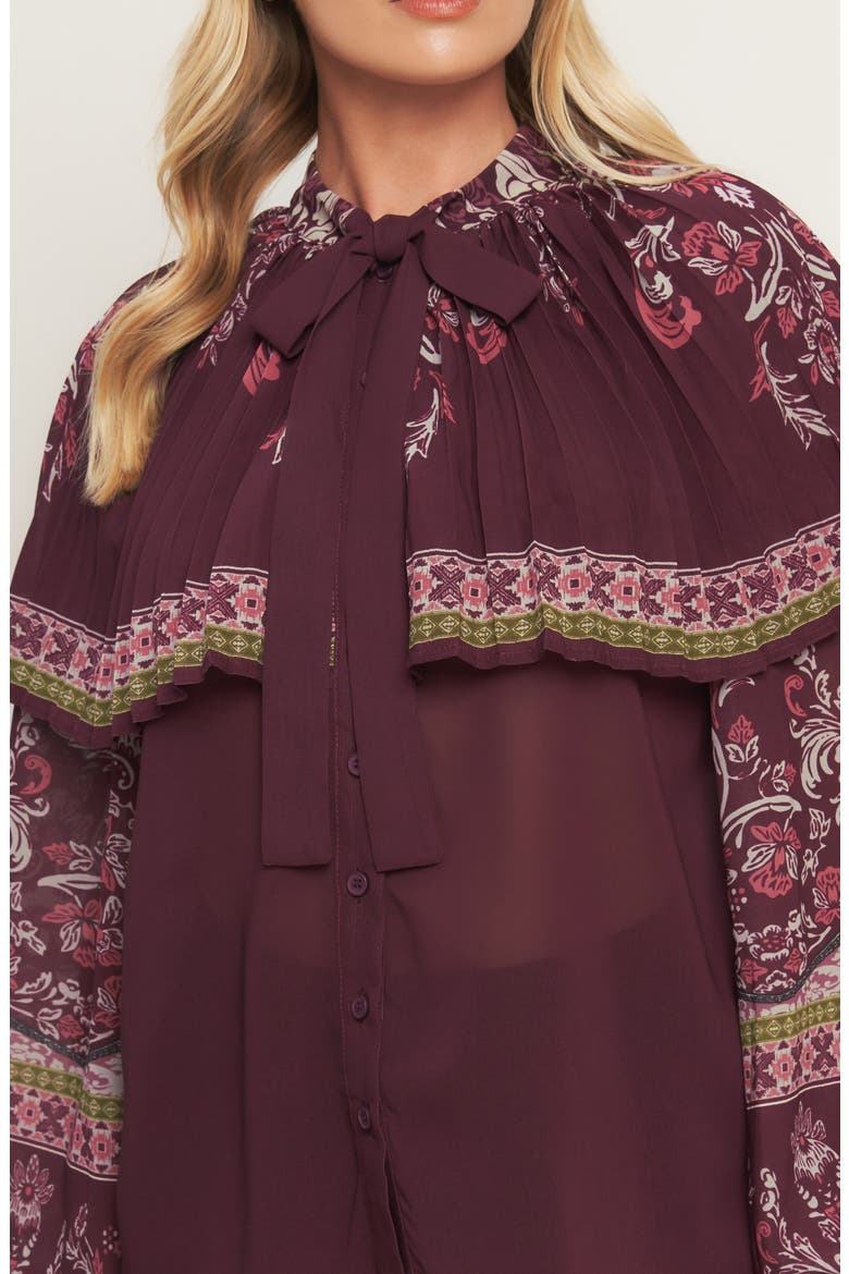 Pleated Cape Tie Neck Shirt, Alternate, color, BURGUNDY