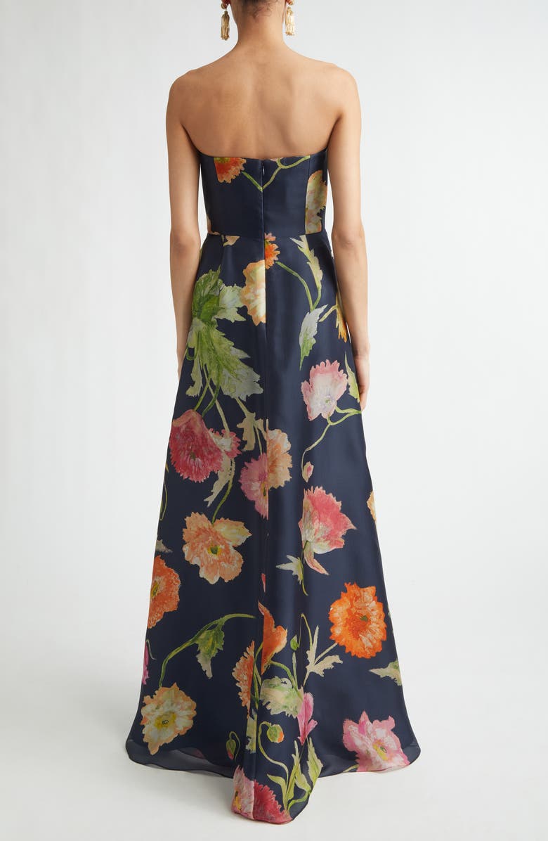 Carolina Herrera Poppy Print Strapless Silk Gown, Alternate, color, 