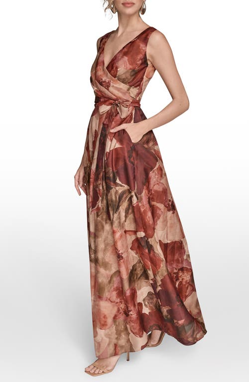 Donna Karan New York Floral Wrap Front A-line Gown In Brown
