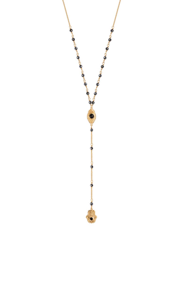 Karma and Luck Spiritual Resilience Gold Plated Rosary Necklace, Main, color, Gold/Dark Grey