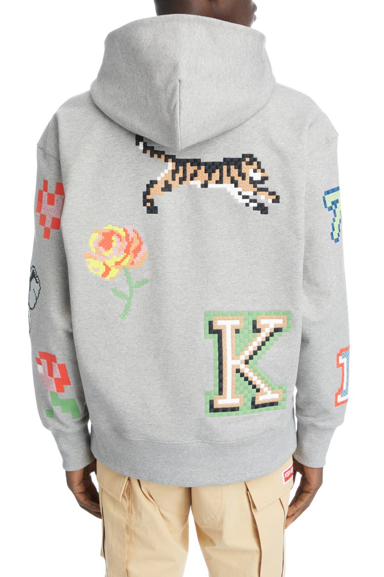 Oversize Embroidered Pixel Stretch Cotton Hoodie, Alternate, color, PEARL GREY