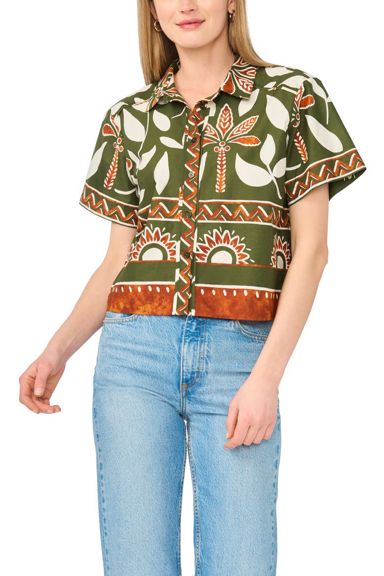Floral Print Short Sleeve Cotton Button-Up Shirt, Alternate, color, CHIVE
