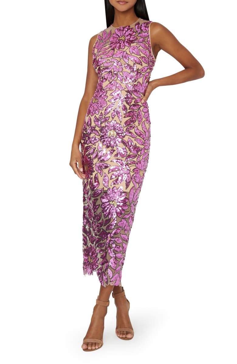 Milly Kinsley Floral Garden Sequin Midi Dress, Main, color,