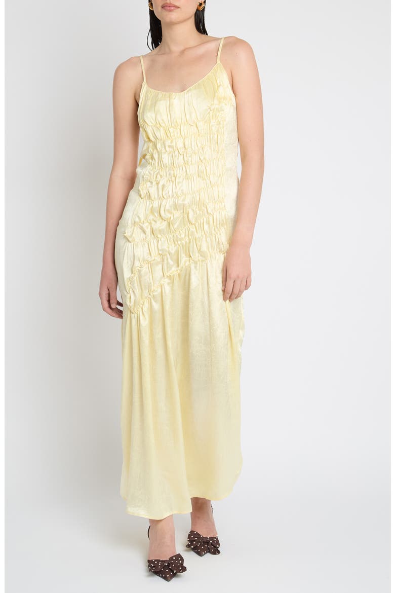 Shirred Crushed Satin Midi Dress, Alternate, color, LEMON