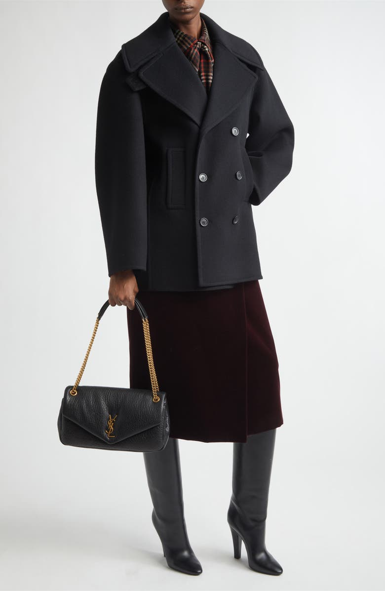 Saint Laurent Velveteen Faux Wrap Midi Skirt, Alternate, color, Vino