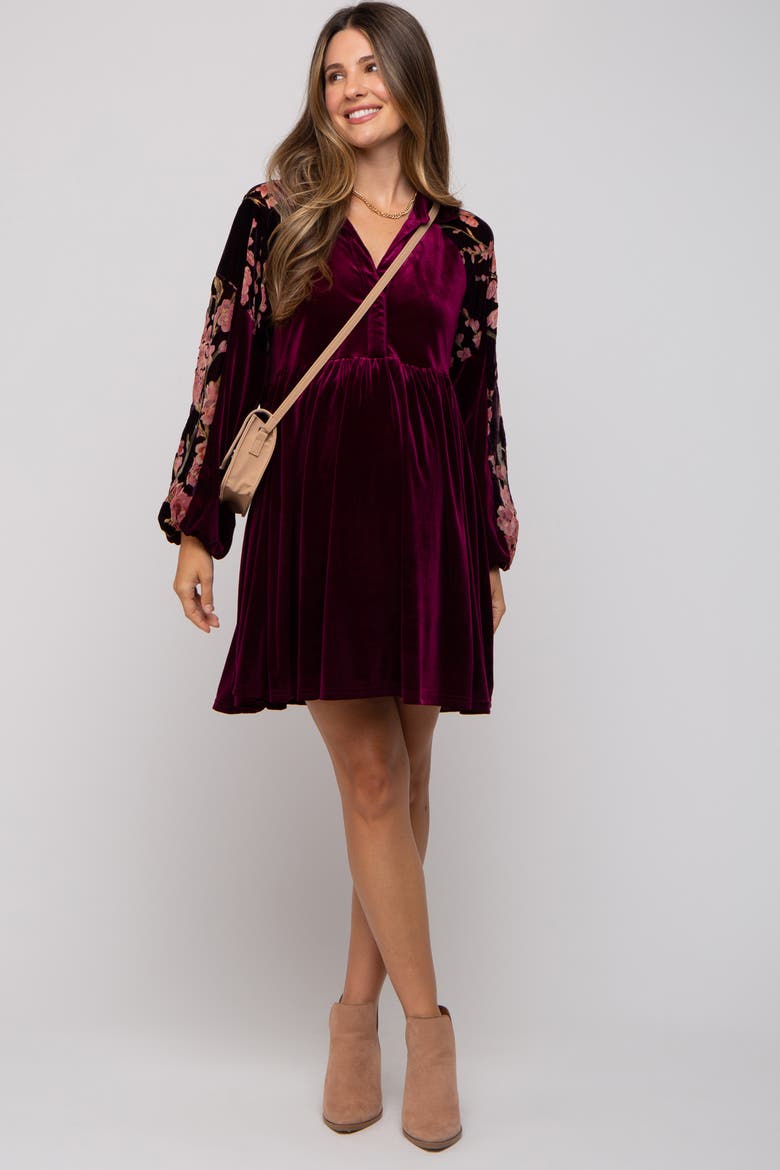Velvet Floral Long Sleeve Dress, Alternate, color, Plum