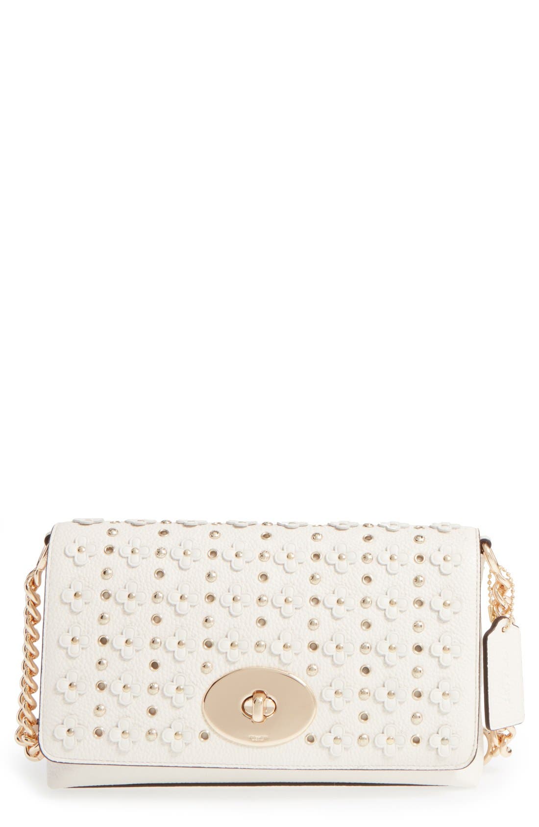'Crosstown' Studded Floral Embellished Leather Crossbody Bag, Main, color, CHALK/ GOLD