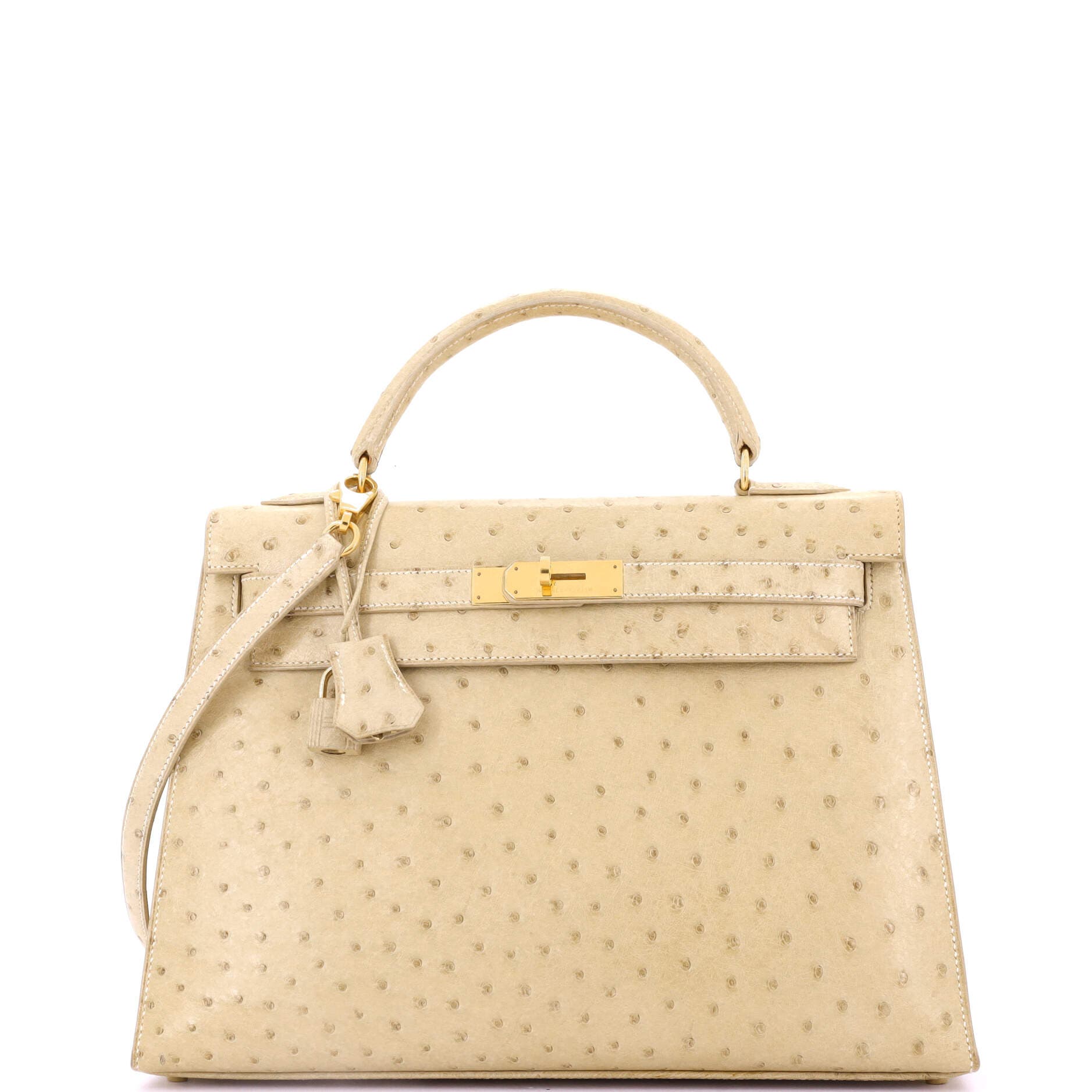 Pre-Owned Hermes Kelly Handbag Light Ostrich with Gold Hardware 32, Main, color, 