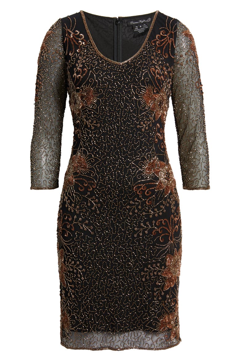 Beaded V-Neck Cocktail Dress, Alternate, color, BLACK/ COPPER